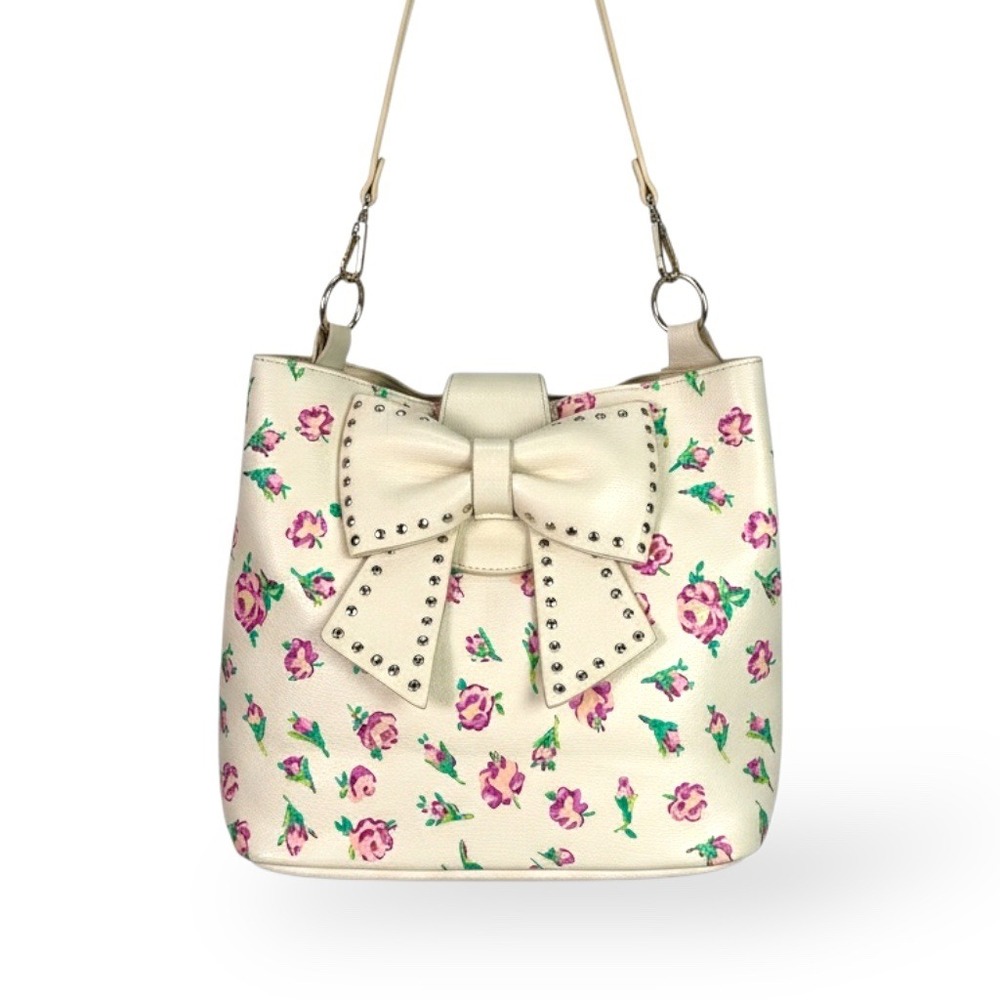 Betsey Johnson Bucket Bag Women Cream Floral Studded Bow Coquette Rockabilly